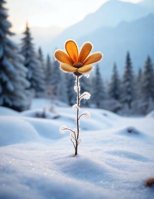 Primary subject: A single yellow flower in the snow.

Setting/background: The flower is surrounded by a snowy landscape, with trees in the background.

Visual style: The image is a digital artwork, featuring a single flower in the snow.

Colors and mood: The dominant colors are yellow and white, creating a serene and peaceful atmosphere.